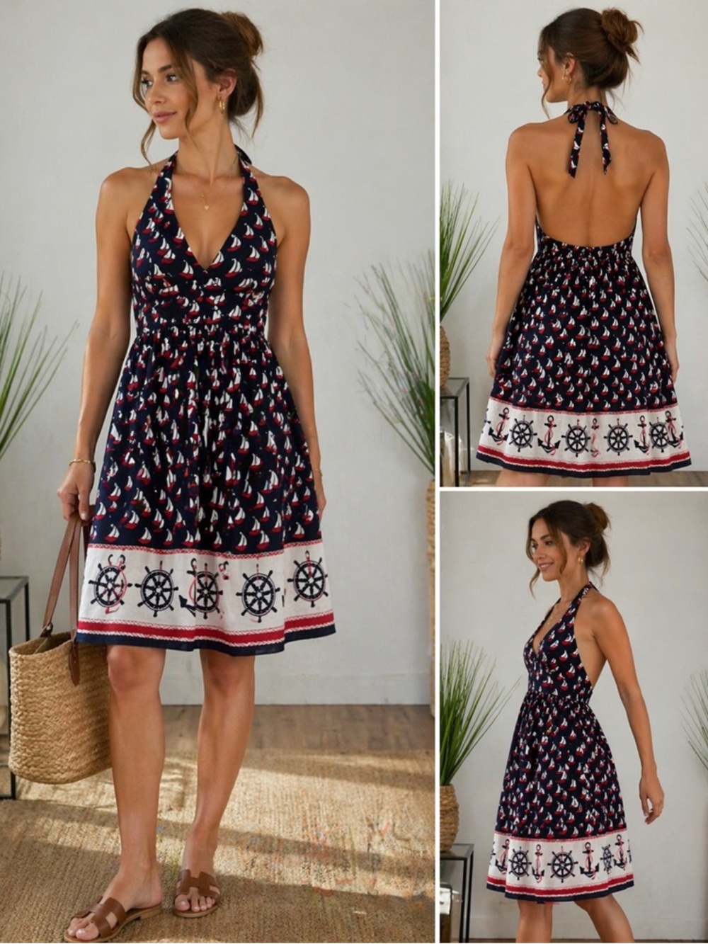 Anthropologie Nautical Sailboat Halter Dress Tie Waist Size 14 Coastal Summer